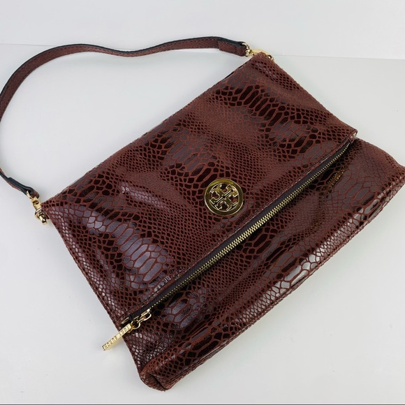 Authentic Tory Burch Maroon Snake Skin Fold Over Shoulder Bag Clutch Purse - Picture 4 of 12